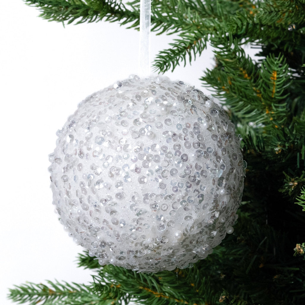 5" White Sequin Ball Ornament