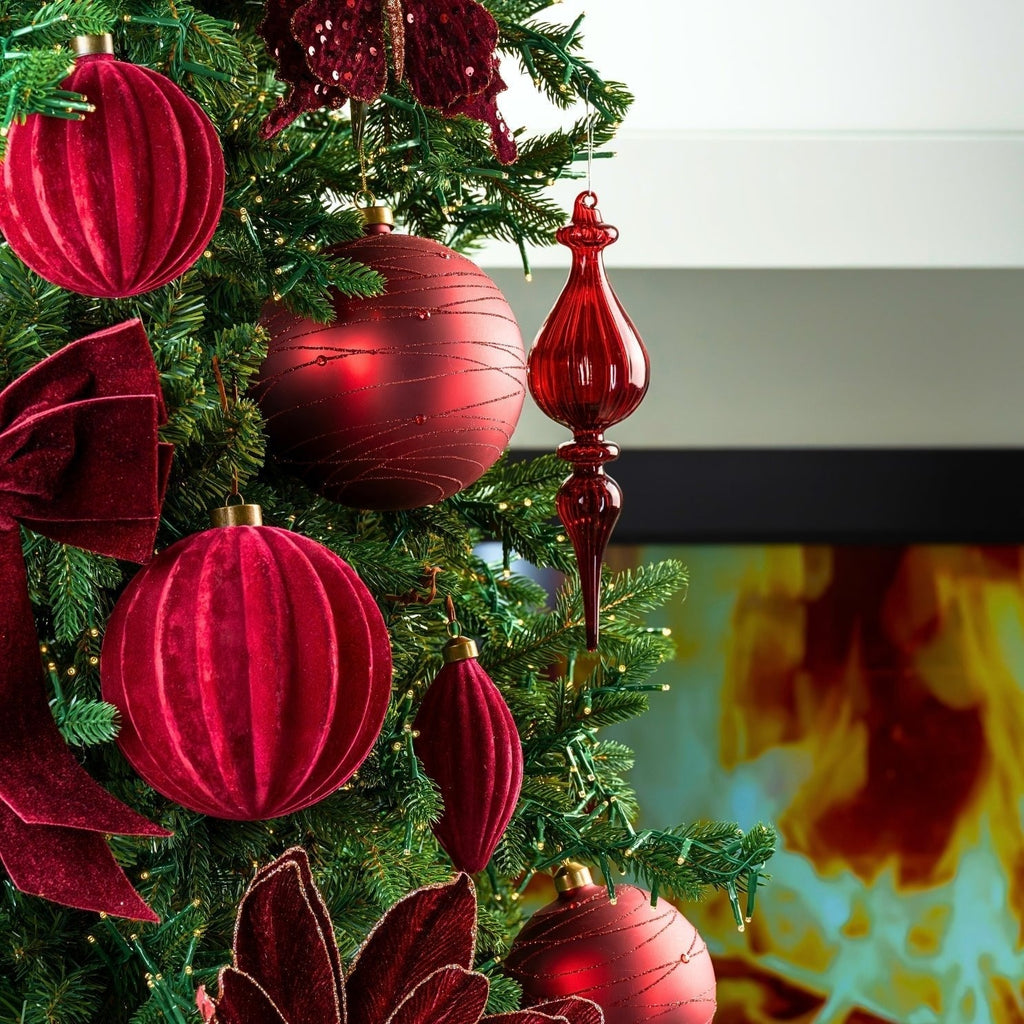 Burgundy Flocked Ball Ornament 5", Set of 6