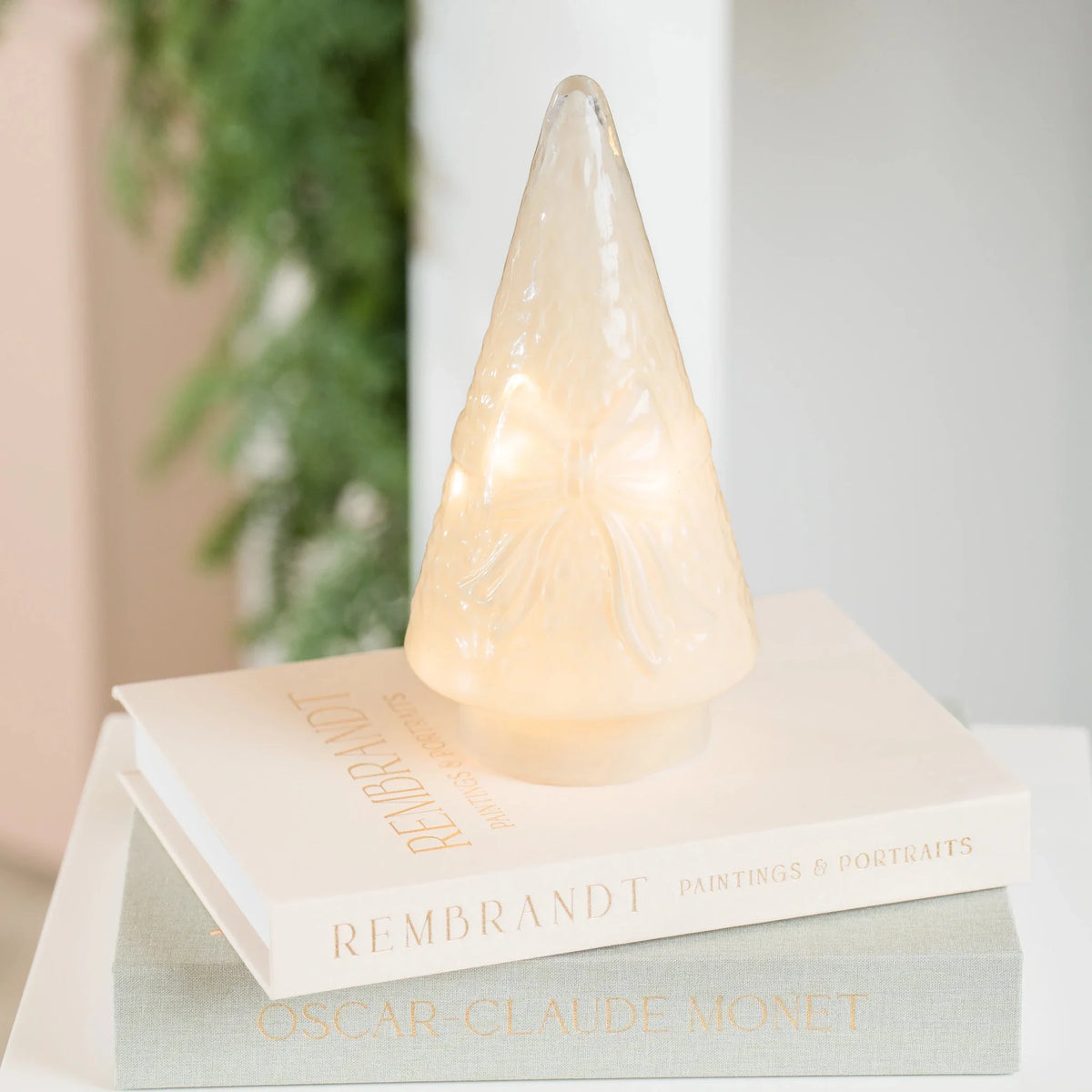 Cream LED Glass Cone Tree with Bow Design