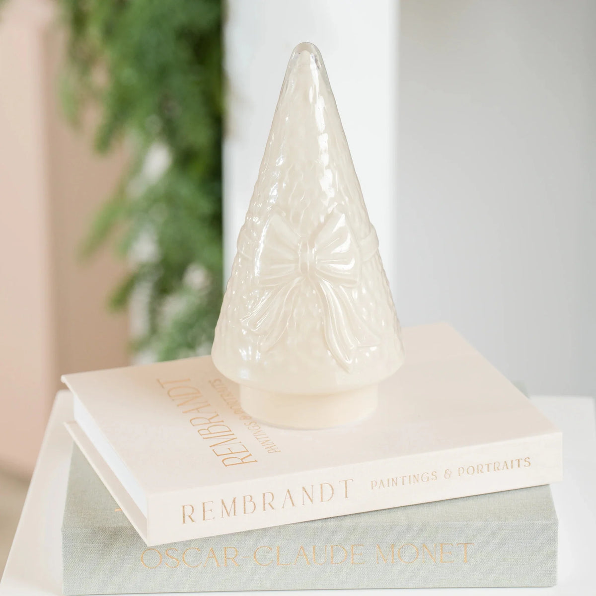 Cream LED Glass Cone Tree with Bow Design