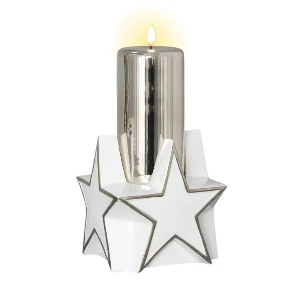 LED 6" Silver Glass Pillar with Glazed Porcelain Star Base