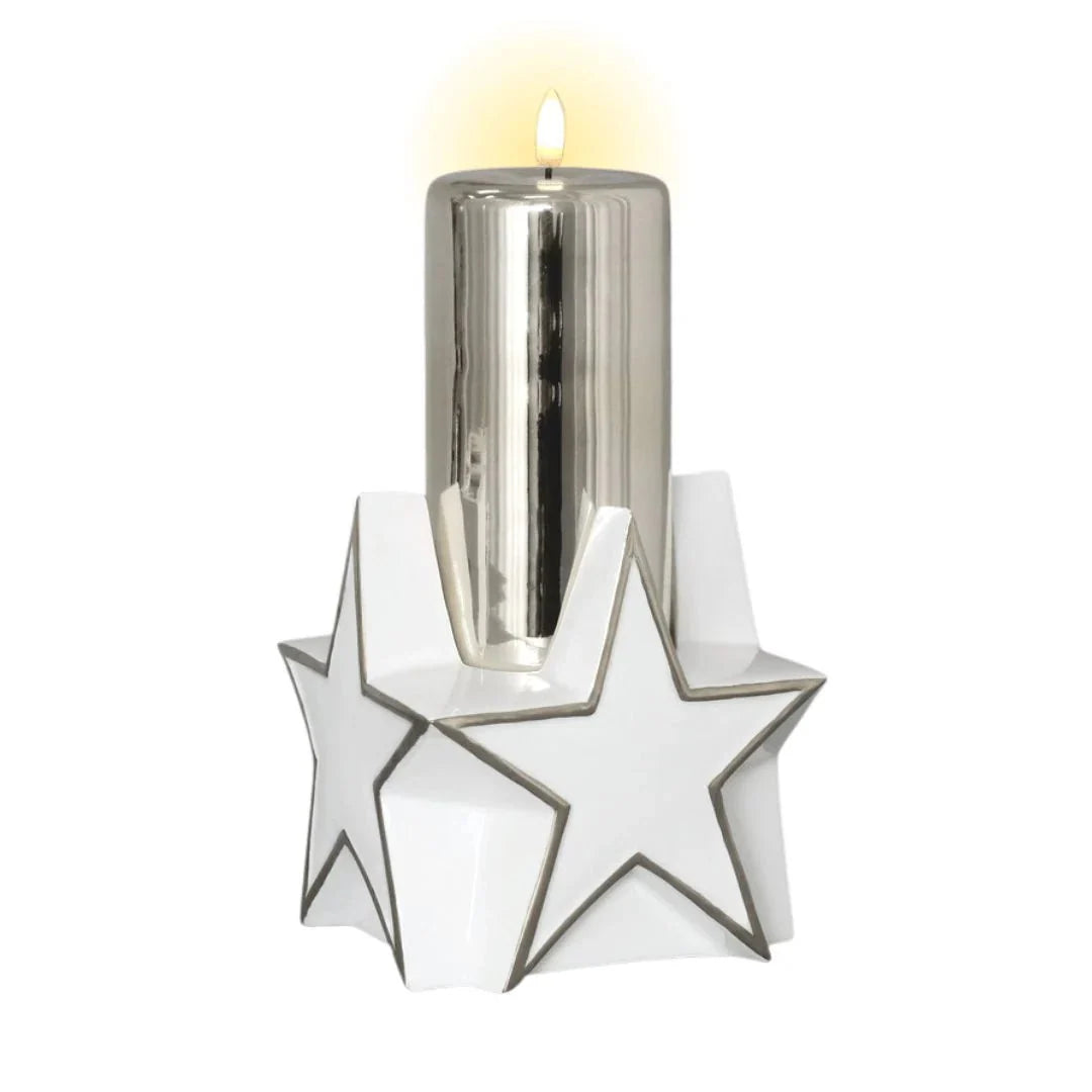 LED 6" Silver Glass Pillar with Glazed Porcelain Star Base