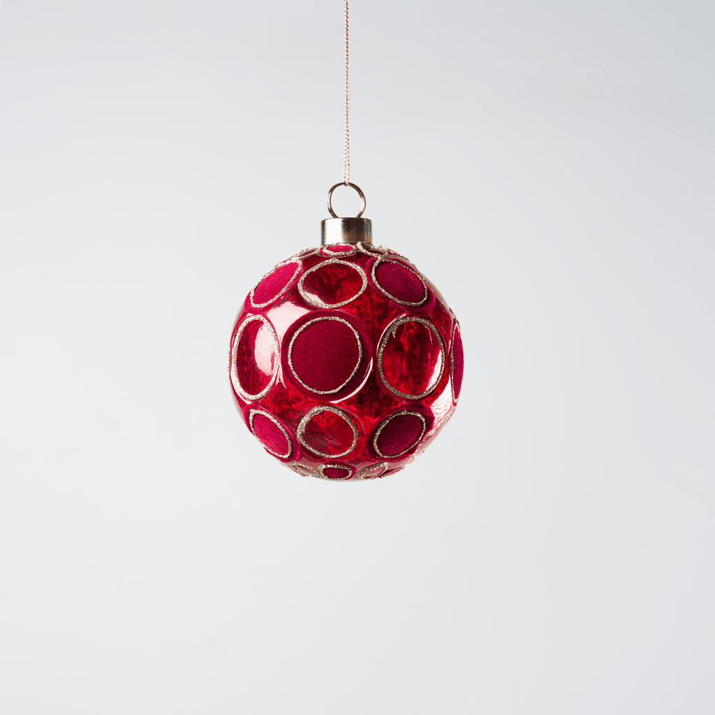 Red Glass Ball with Red Velvet Spheres 4", Set of 6