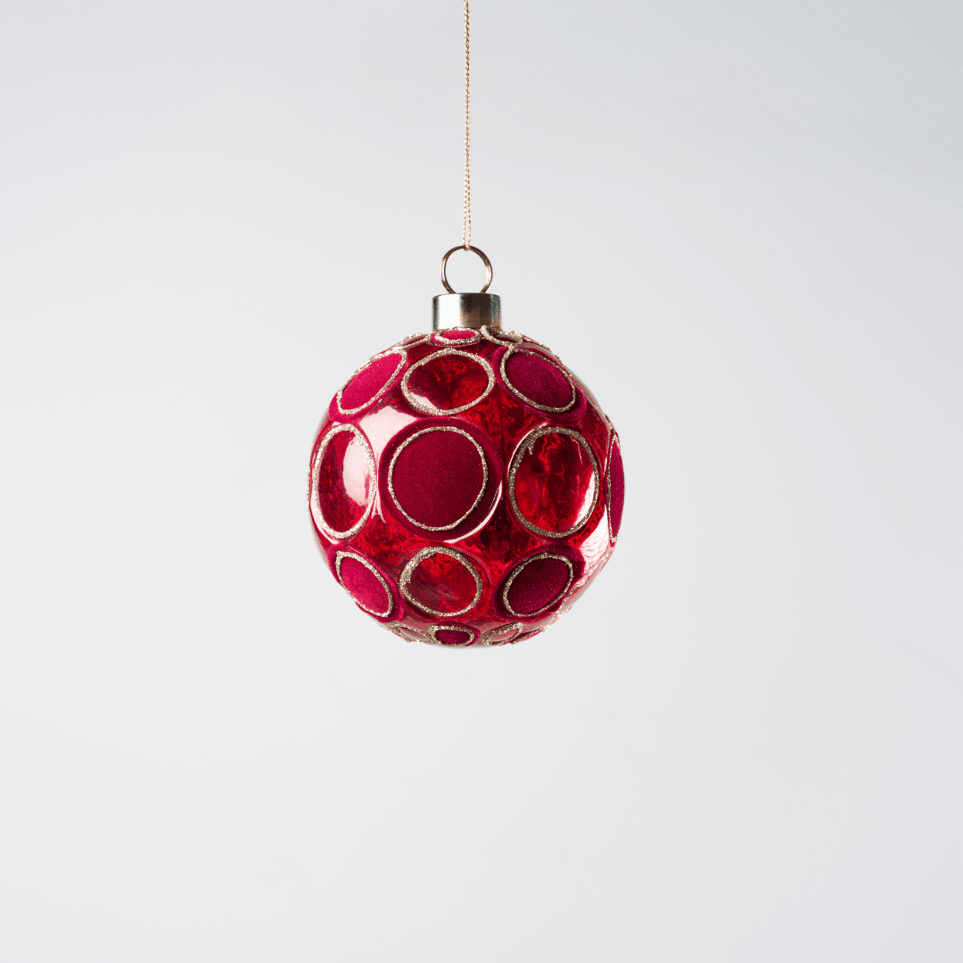 Red Glass Ball with Red Velvet Spheres 4", Set of 6