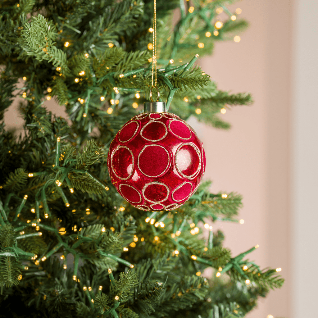 Red Glass Ball with Red Velvet Spheres 4", Set of 6