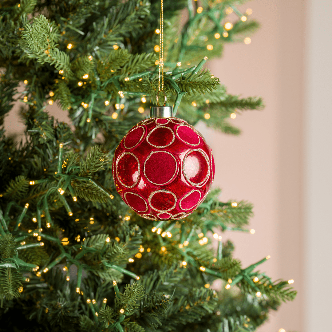 Red Glass Ball with Red Velvet Spheres 4", Set of 6