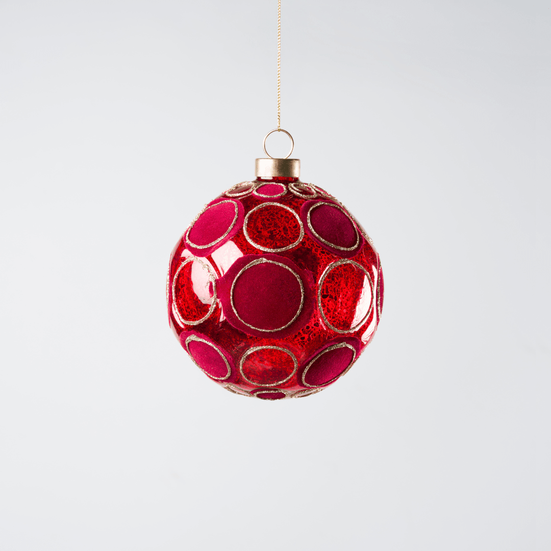 Red Glass Ball with Red Velvet Spheres 4", Set of 6