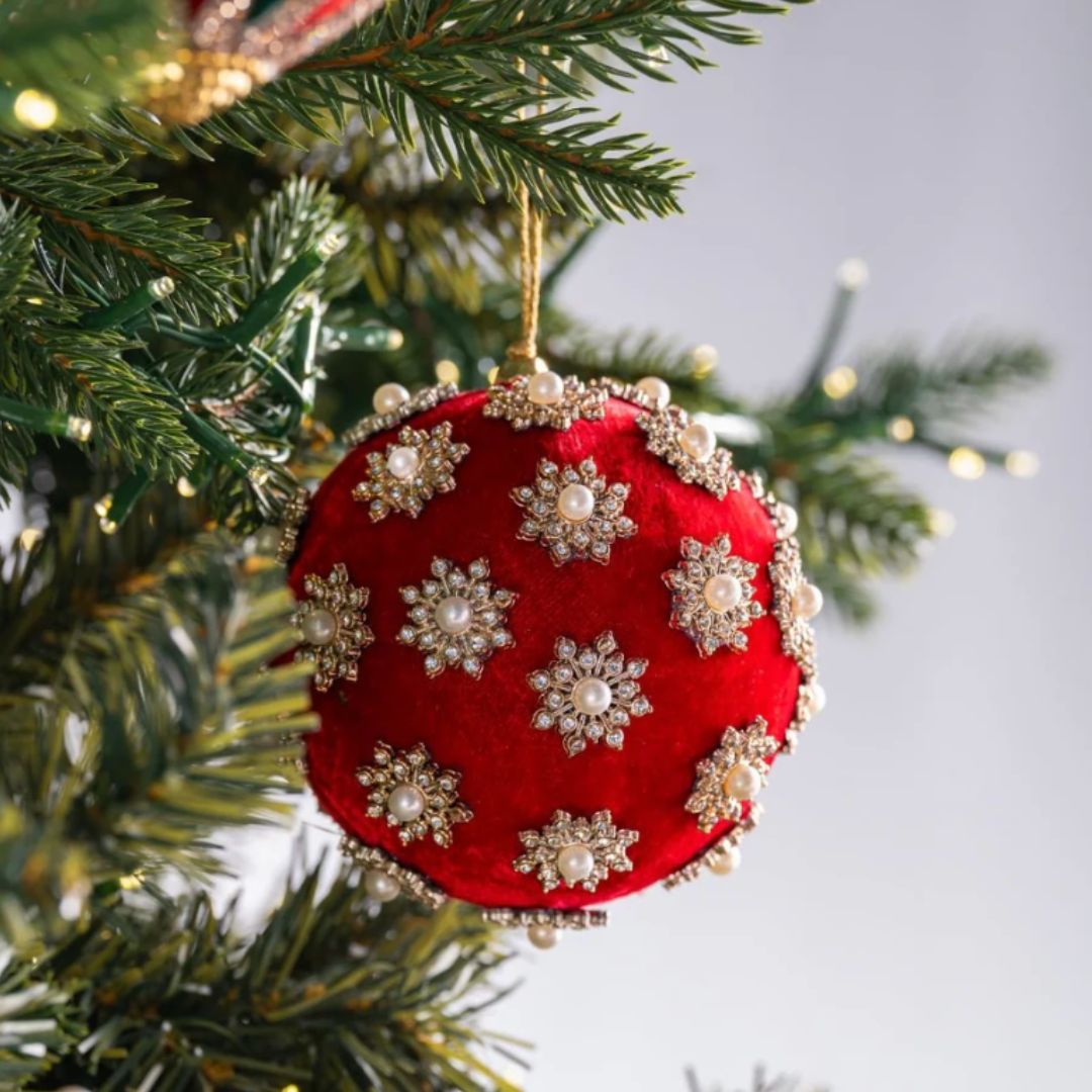 Red Snowflake Stud Velvet Ornament 5"