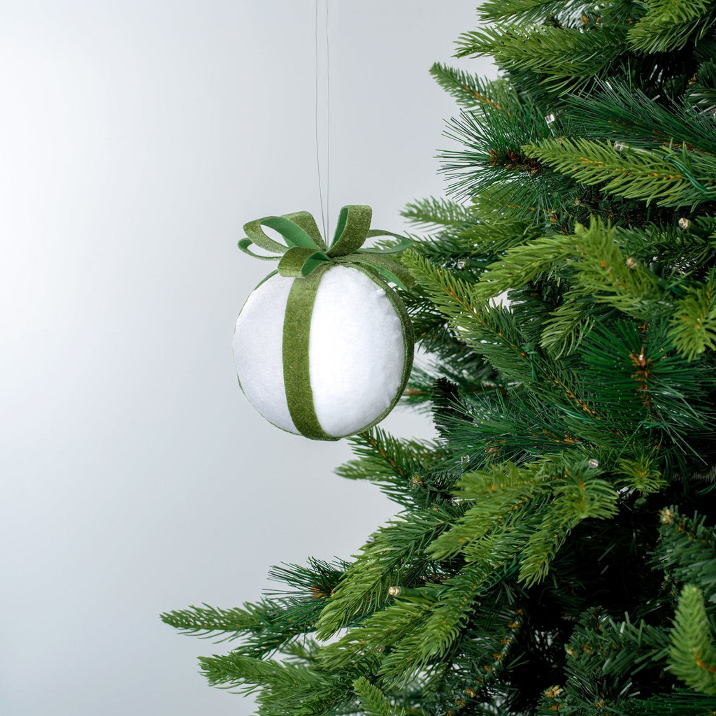 White & Green Velvet Bow Ball Ornament